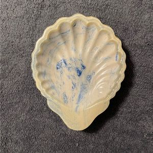 Vintage Blue and White Shell Trinket Tray Lucite Over Concrete.